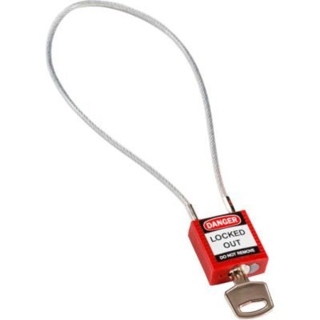 BRADY BradyÂ Cable Safety Padlock W/ Label, 8"H Clearance Steel Cable, Red 146124